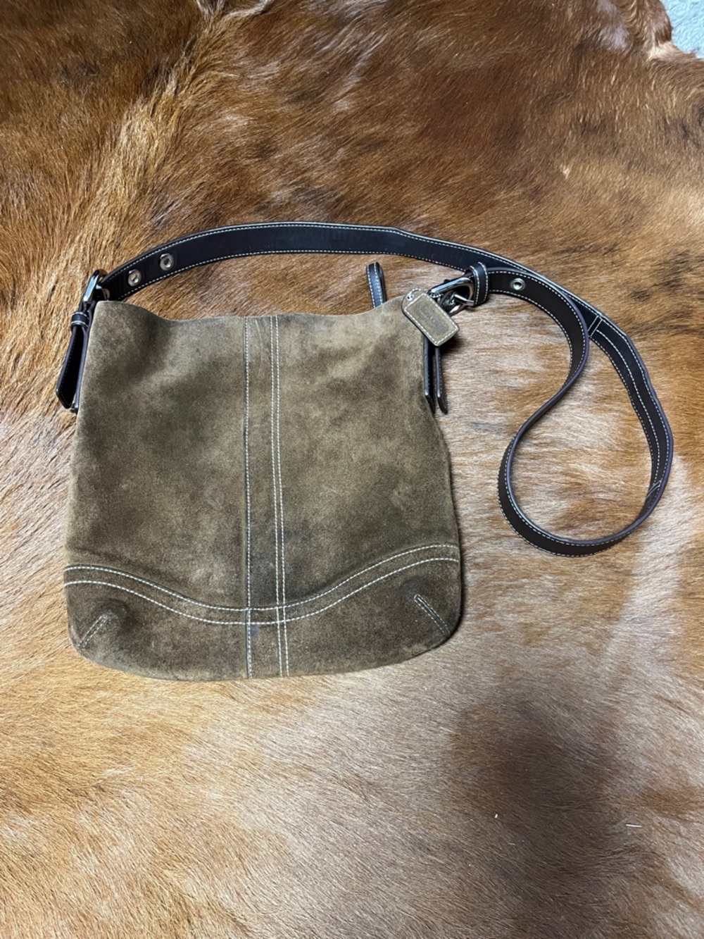 Coach Brown Suede Shoulder Bag with Dark Brown Strap